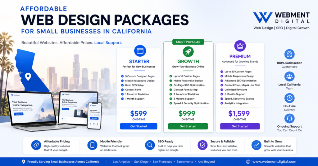 affordable web design packages for small businesses california — Webment Digital